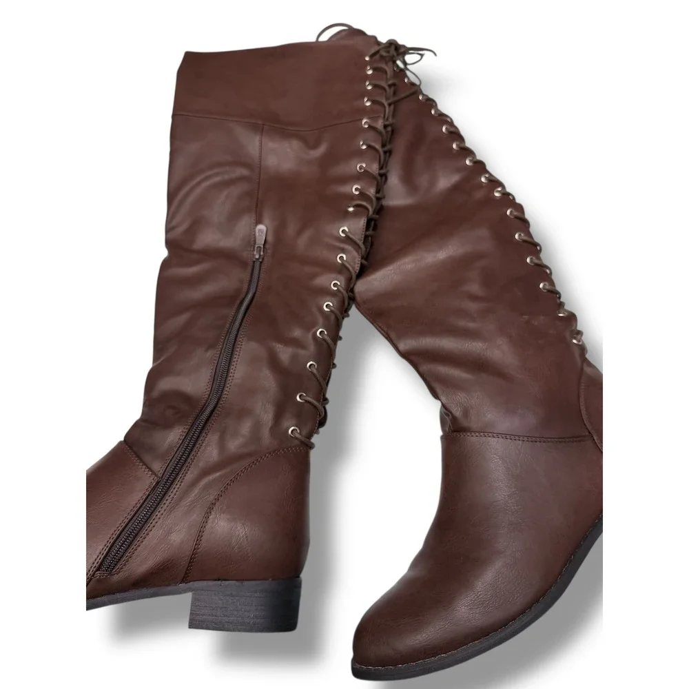 Monroe & Main Brittany Lace Up Knee High Boots Brown Faux Leather Women 10M NEW